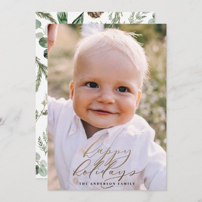 Modern minimal photo Christmas elegant script Holiday Card (Front/Back)