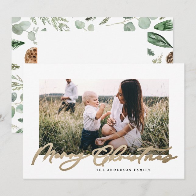 Modern minimal photo Christmas elegant script Holiday Card (Front/Back)