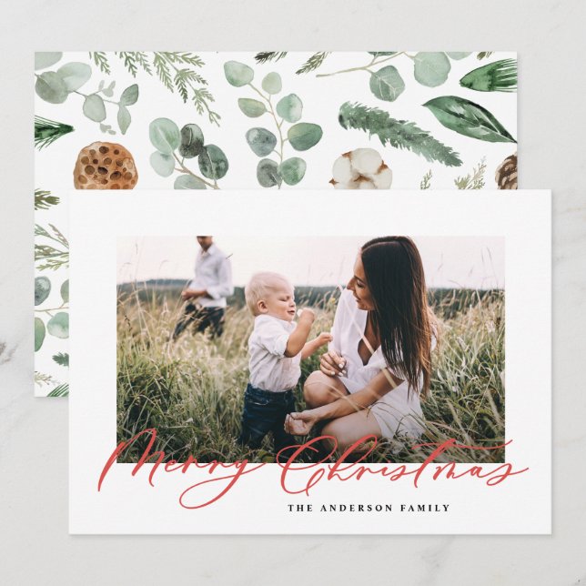 Modern minimal photo Christmas elegant script Holiday Card (Front/Back)