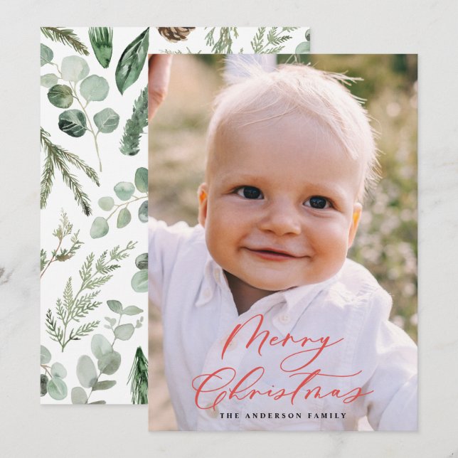 Modern minimal photo Christmas elegant script Holiday Card (Front/Back)