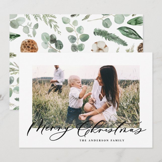Modern minimal photo Christmas elegant script Holiday Card (Front/Back)