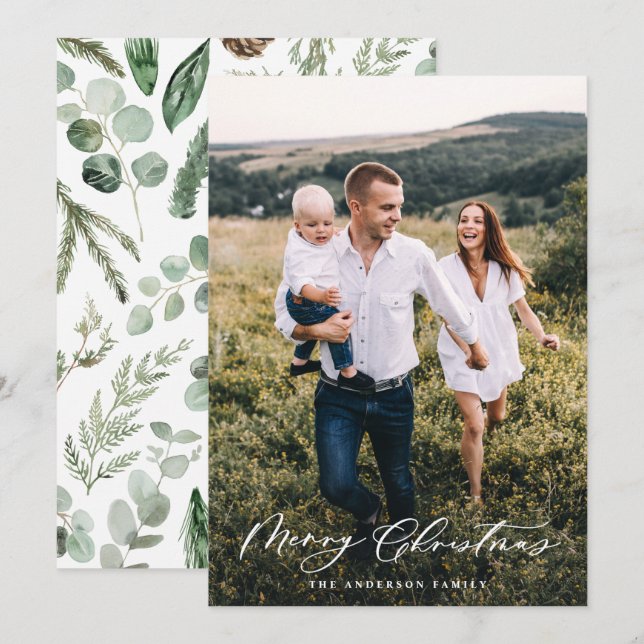 Modern minimal photo Christmas elegant script Holiday Card (Front/Back)