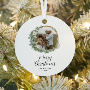 Modern minimal photo Christmas elegant script Metal Ornament