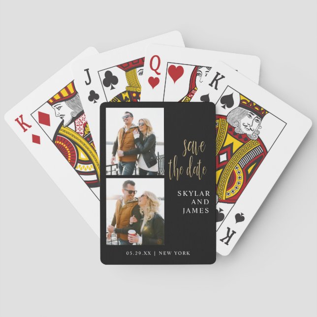 Modern Minimal Photo Collage Black Save The Date Playing Cards (Back)