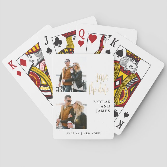 Modern Minimal Photo Collage White Save The Date Playing Cards (Back)