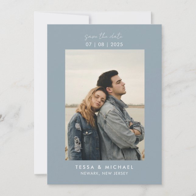 Modern Minimal Photo Dusty Blue Wedding Save The Date (Front)