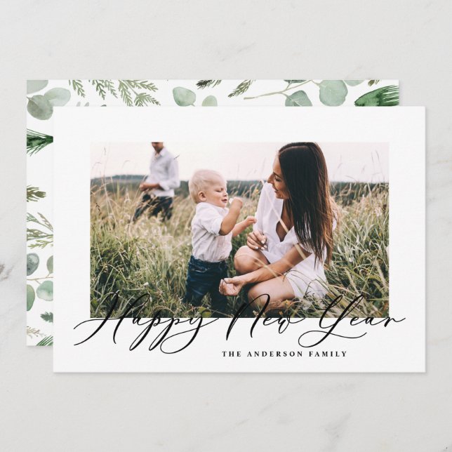 Modern minimal photo elegant script new year holiday card (Front/Back)