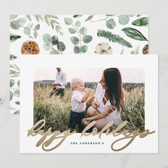 Modern minimal photo holidayelegant script holiday card (Front/Back)