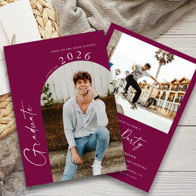 Modern Minimal Photo Maroon Graduation Party Invitation (Creator Uploaded)