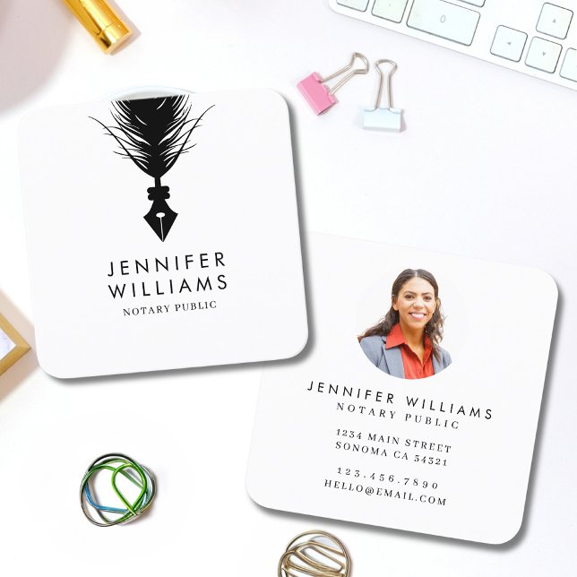 Modern Minimal Photo Notary Public Quill Feather Square Business Card (Creator Uploaded)