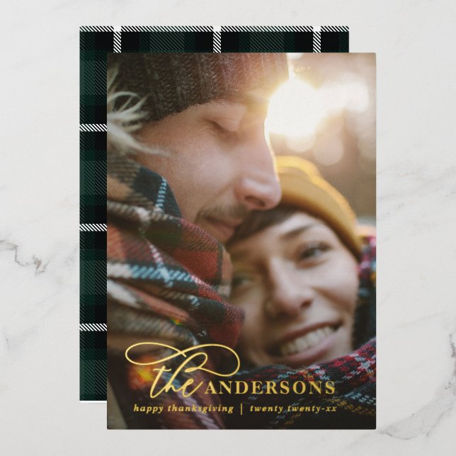 Modern minimal photo tartan green elegant script foil holiday card (Front/Back)