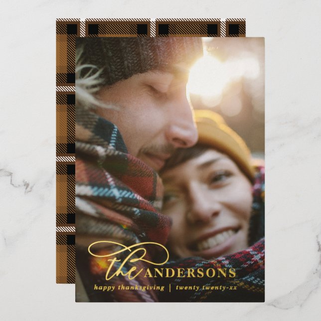 Modern minimal photo tartan mustard elegant script foil holiday card (Front/Back)