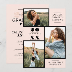 Modern Minimal Pink Black Photo Grid Graduation In Invitation