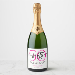Modern Minimal Pink Fifty Fabulous Script Birthday Sparkling Wine Label