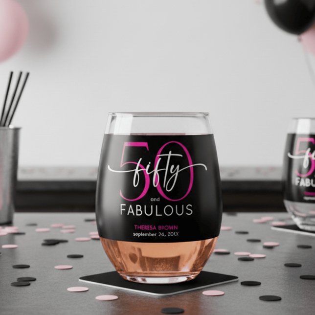 Modern Minimal Pink Fifty Fabulous Script Birthday Stemless Wine Glass (Creator Uploaded)