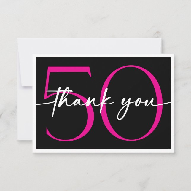 Modern Minimal Pink Fifty Fabulous Script Birthday Thank You Card (Front)