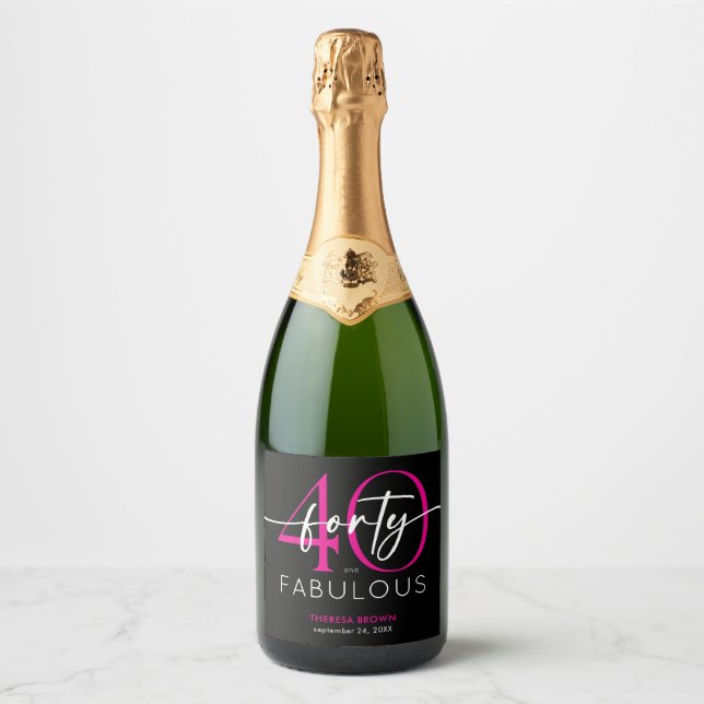 Modern Minimal Pink Forty Fabulous Script Birthday Sparkling Wine Label (Front)