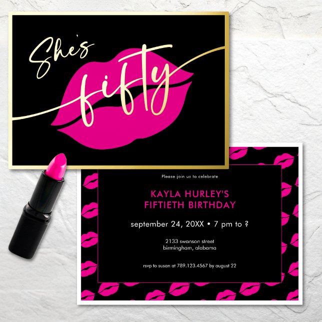 Modern Minimal Pink Lips She's Fifty Birthday (Modern Minimal Pink Lips She's Fifty Birthday Foil Invitation)