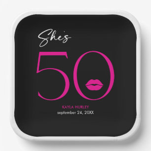Modern Minimal Pink Lips She's Fifty Birthday Paper Plate