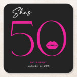 Modern Minimal Pink Lips She's Fifty Birthday Square Paper Coaster<br><div class="desc">Modern and chic,  this birthday paper coaster design declares,  "she's 50" and combines classic black and white with accents of bright hot pink,  with a playful pair of lips. It's minimal design is a simple and fun design to celebrate the milestone birthday. Created by Simply Farmhouse Press.</div>