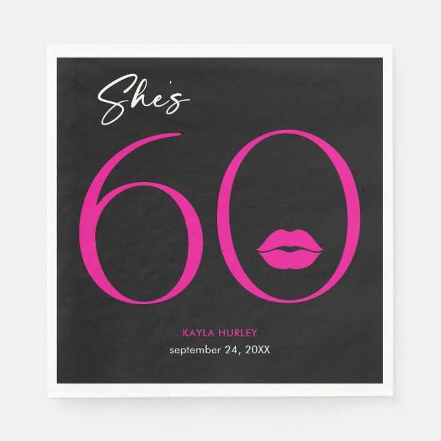 Modern Minimal Pink Lips She's Sixty Birthday Napkin (Front)