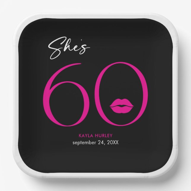 Modern Minimal Pink Lips She's Sixty Birthday Paper Plate (Front)