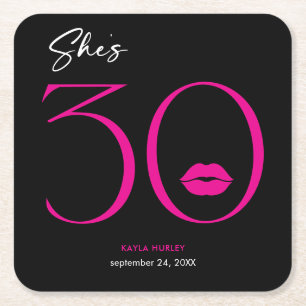 Modern Minimal Pink Lips She's Thirty Birthday Square Paper Coaster