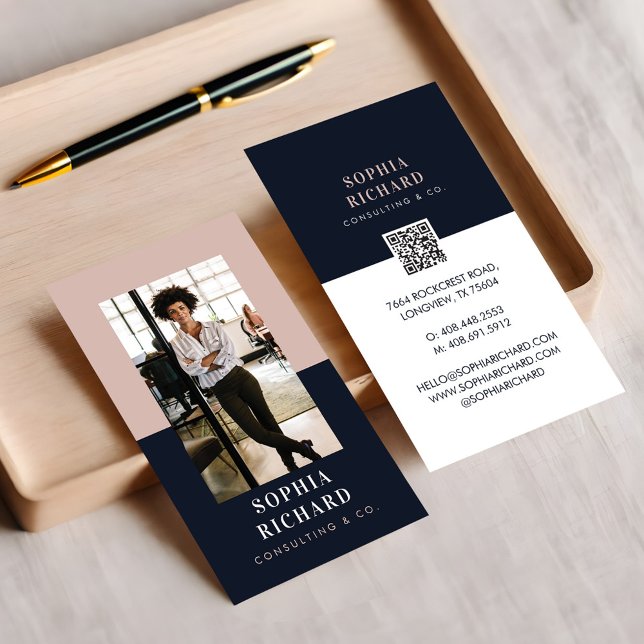 Modern Minimal Pink & Navy Business Photo QR Code Card (Modern Minimal Pink & Navy Business Photo QR Code Business Card)
