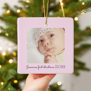 modern minimal pink  photo babys first christmas  ceramic ornament