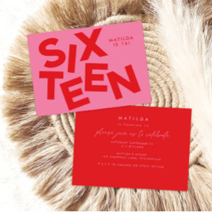 Modern minimal pink + red typography 16th birthday invitation