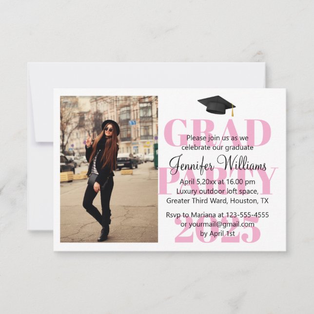 modern minimal pink script grad party 2025 photo invitation (Front)