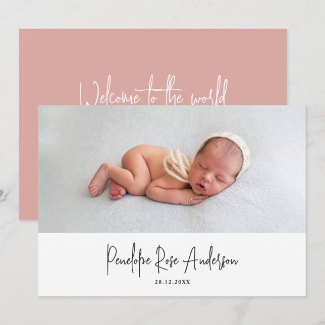 Modern minimal pink simple photo birth announcement (Front/Back)