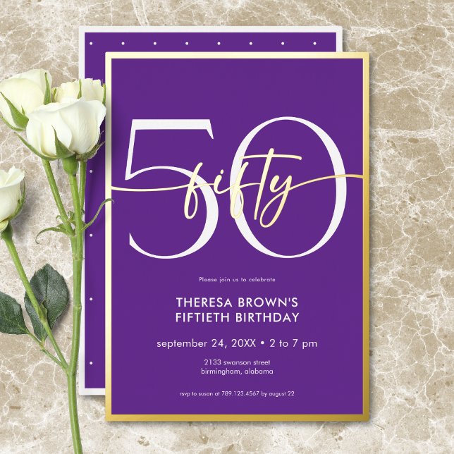 Modern Minimal Purple Fifty Script Birthday (Modern Minimal Purple Fifty Script Birthday Foil Invitation)