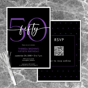 Modern Minimal Purple Fifty Script Birthday QR Invitation