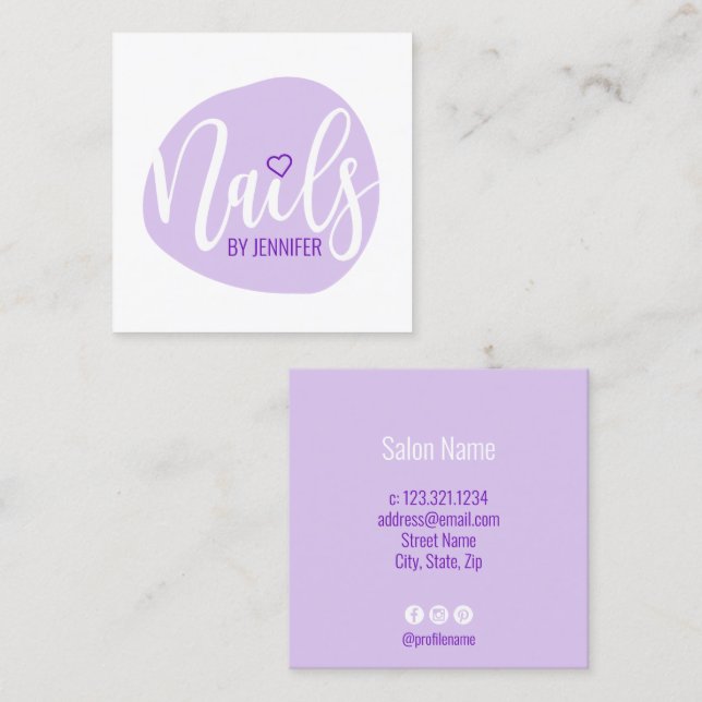 Modern minimal purple heart nails square business card (Front/Back)