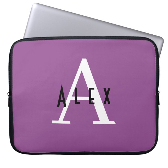 Modern Minimal Purple Initial + Name Monogram Laptop Sleeve (Front)