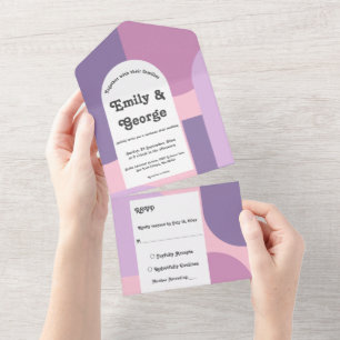 Modern Minimal Purple Pink Retro Abstract Wedding All In One Invitation