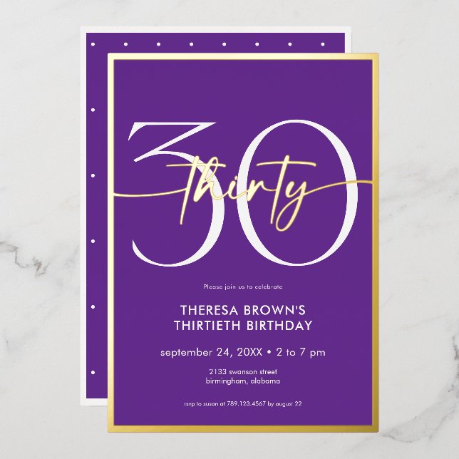 Modern Minimal Purple Thirty Script Birthday (Front/Back)