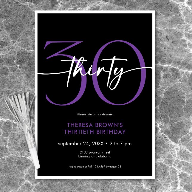 Modern Minimal Purple Thirty Script Birthday Invitation (Modern Minimal Purple Thirty Script Birthday Invitation)