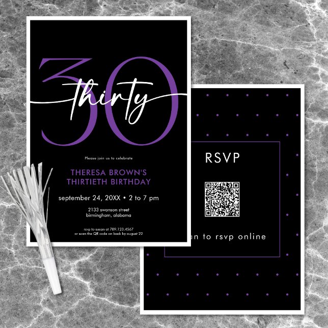Modern Minimal Purple Thirty Script Birthday QR Invitation (Modern Minimal Purple Thirty Script Birthday QR Invitation)