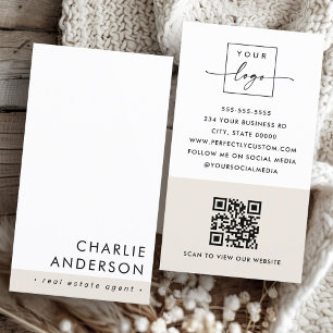 Modern minimal QR code light brown white vertical Business Card