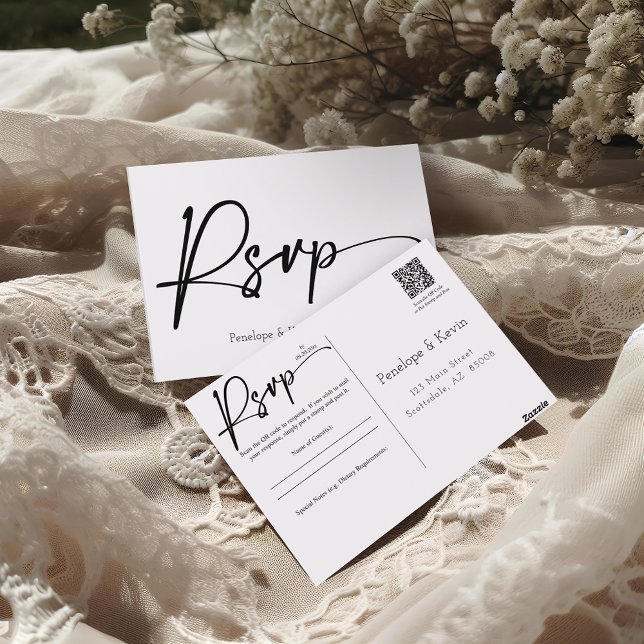 Modern Minimal QR Code Wedding RSVP Response Reply Postcard (Creator Uploaded)