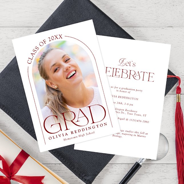 Modern Minimal Red Arch Photo Graduation Party Invitation (Creator Uploaded)