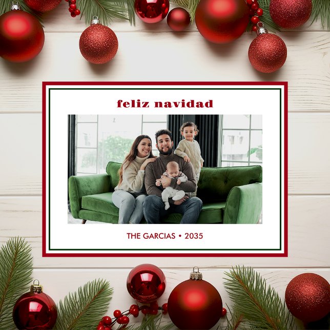 Modern Minimal Red Border Photo Feliz Navidad Holiday Card (Creator Uploaded)