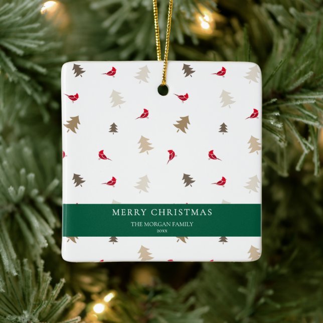 Modern Minimal Red Cardinal Christmas Tree Pattern Ceramic Ornament (Tree)