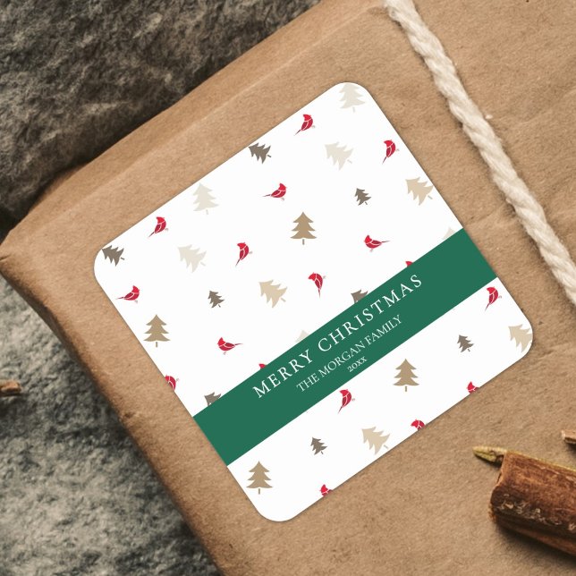 Modern Minimal Red Cardinal Christmas Tree Pattern Square Sticker (Creator Uploaded)