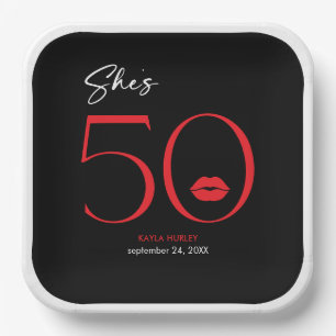 Modern Minimal Red Lips She's Fifty Birthday Paper Plate