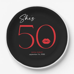 Modern Minimal Red Lips She's Fifty Birthday Paper Plate