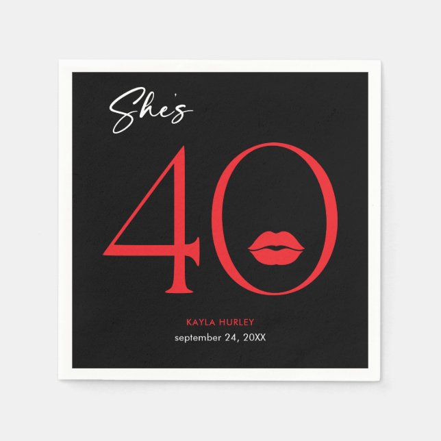 Modern Minimal Red Lips She's Forty Birthday Napkin (Front)