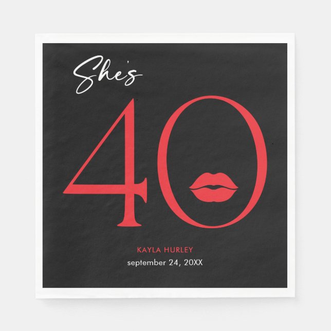 Modern Minimal Red Lips She's Forty Birthday Napkin (Front)